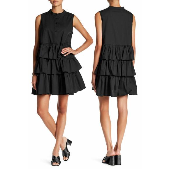 TOV Tiered Dress Black 100% Cotton Layered Button Sleeveless 6 M Dark Academia - Picture 1 of 6